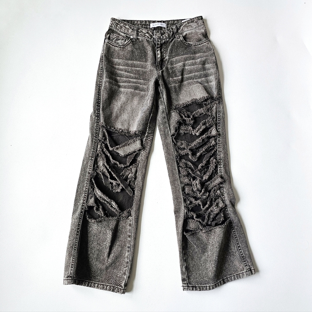 Witty Fox Distressed Ripped Flare Jeans Gray Acid Wash Y2K Grunge Low Rise 3/26